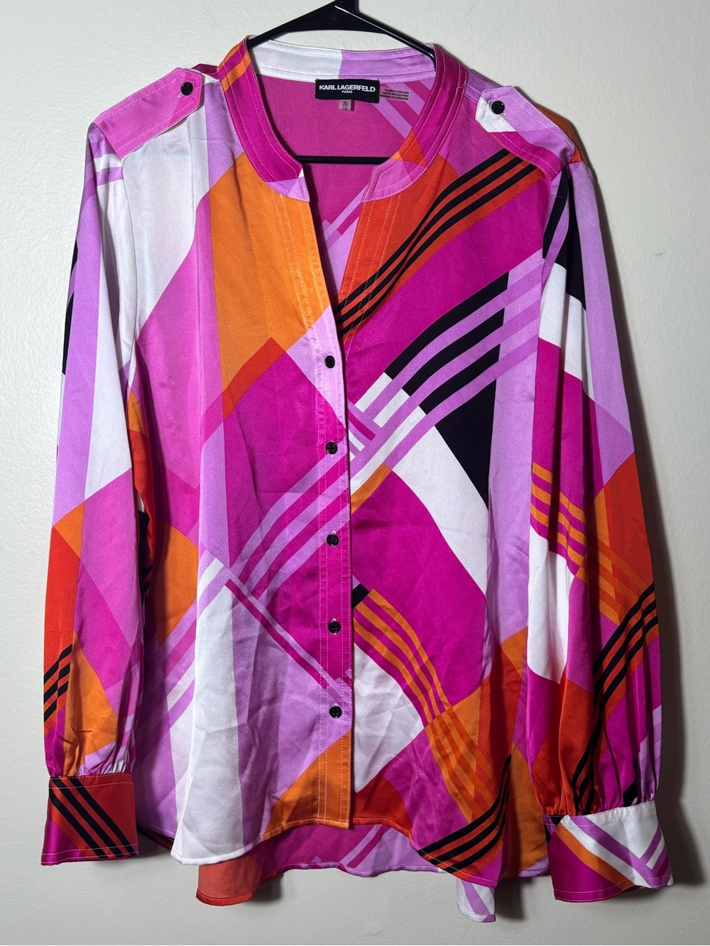 Karl Lagerfeld Paris Womens Multicolor Geometric Graphic Button Up Blouse Sz XL